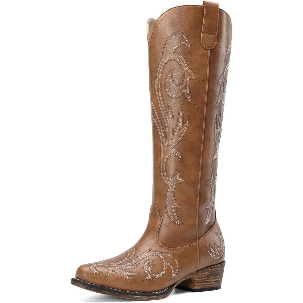 Womens Faux Leather Brown Knee High Chunky Heel Side Zipper Embroidered Boots